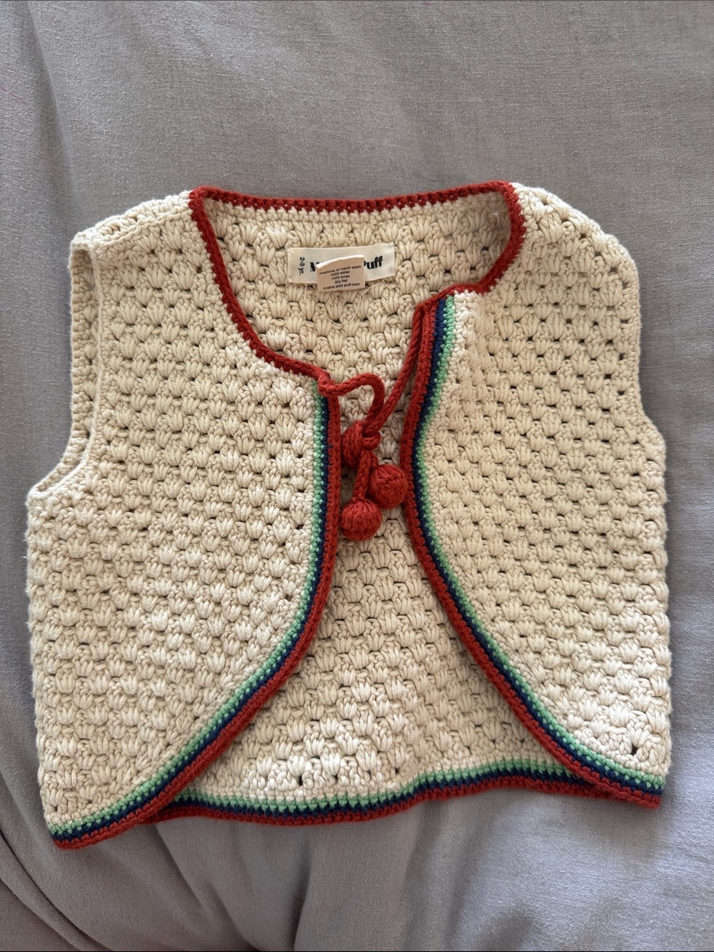 Misha And Puff Cream Crochet Vest with Red Trim and Rainbow Edge